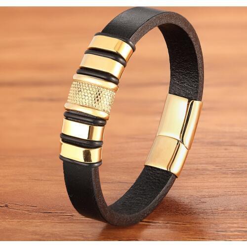 Single Layer Gold Small Accessories Combination Stainless Steel Mens Leather Bracelet DIY Custom Size Carved Logo Classic Gift