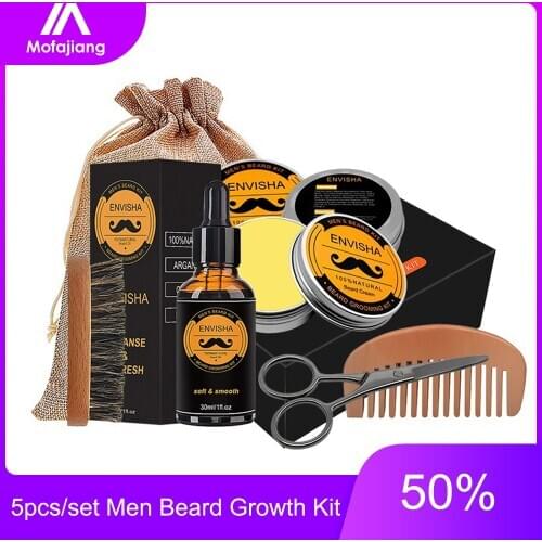 5pcs Barbe Men Beard Growth Kit Enhancer Argan Essentital Oil Comb Nourishing Moisture Cream Scissors Set with Drawstring Bag