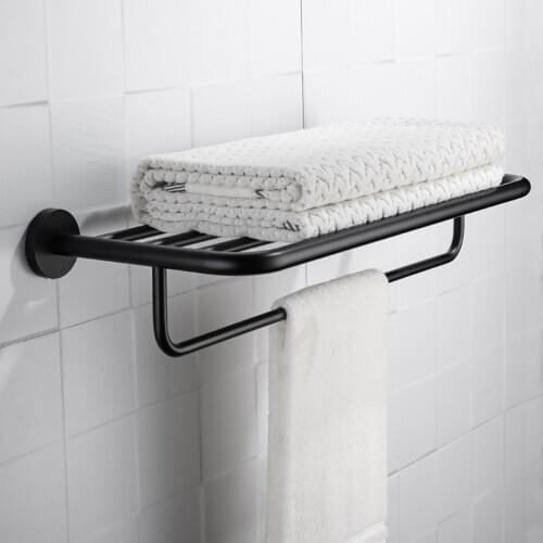 Black Towel Rack Wall Mounted Stainless Steel Bathroom Towel Storage Hanger Shelf Towel Holder Bathroom Accessories Bath Shelves