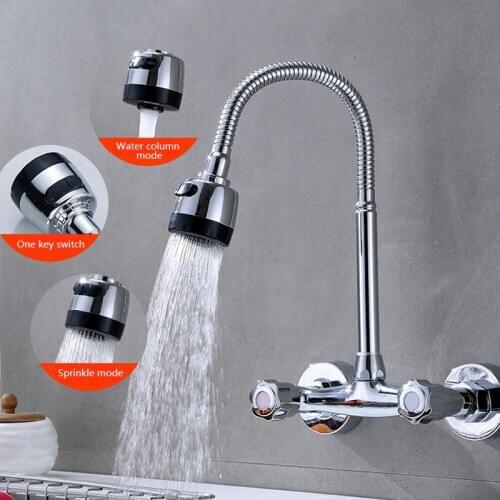 Wall Mounted Kitchen Faucet Brass Swivel Spray Sink Faucet Dual Handle Double Hole Cold And Hot Water Mixer Tap Washbasin Faucet