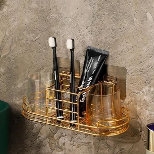Wall Mounted Metal Golden Bathroom Sink Storage Rack for Tooth Cups Toothpastes Shower Accessories Cosmetic Make up Tools Soap
