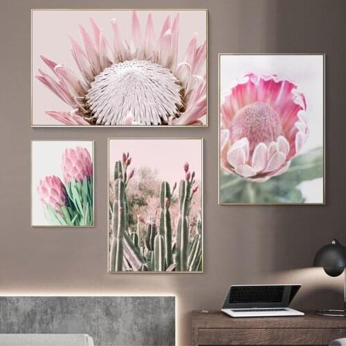 Pink Flower Wall Art Poster Nordic Botanical Floral Print Scandinavian Cactus Canvas Painting Living Room Decoration Picture