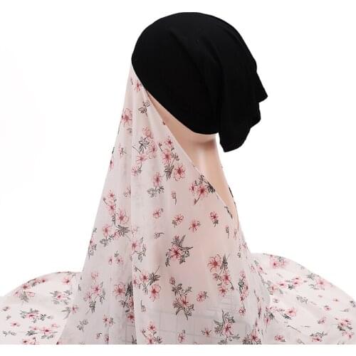Printed Chiffon Hood Needle-Free Instant Stitching Headscarf With Bottom Cap The Most Popular Womens Headscarf Hat