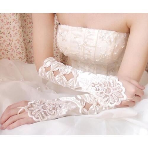Wedding Gloves Elbow Length Long Fingerless Woman Bridal Gloves Appliqued Beaded Pattern Dance Gloves White/Ivory In Stocks