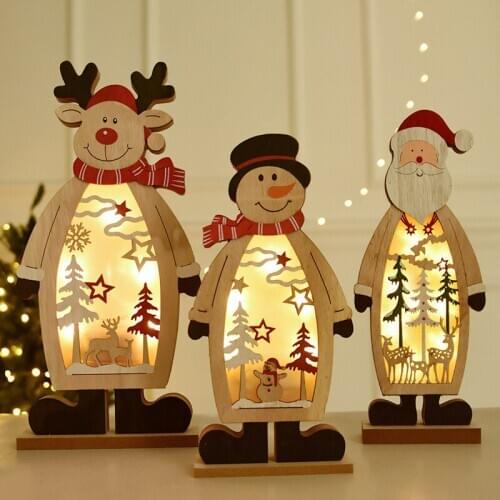 Led light wooden cute santa snowman christmas decoration wall hanging glowing elk ornaments christmas home desktop decoration