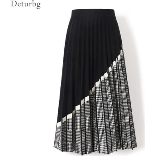 High Quality Womens Fashion Houndstooth Midi Skirt Female High Waist Pleated Knitted Thick Black Warm Skirts 2019 Winter SK470