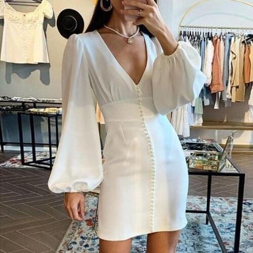 Women 2021 new sexy deep v-neck long sleeve zipper white pearl mini Package Hip dress slim bodycon night club party dress
