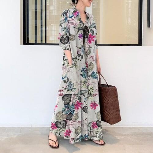 Retro Floral Maxi Swing Shirt Dress Stylish Women Summer Sundress Print Long Dress Robe ZANZEA Party Vestidos Femme Oversized