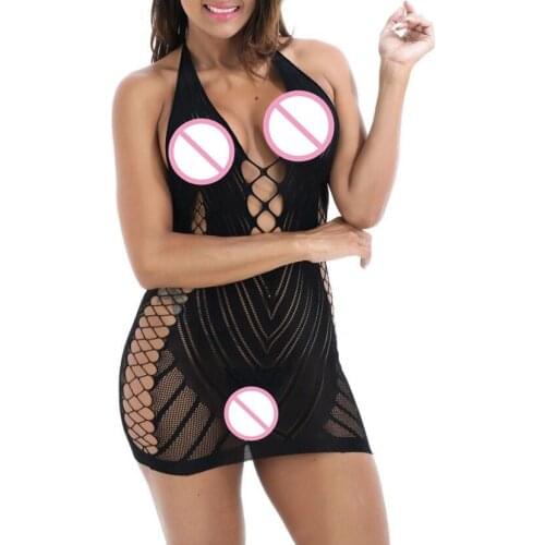 Women Underwear Sexy Lace Halter Lingerie Tied Up Clubwear Temptation Hollow Out Black Babydoll hemise Dress robe sexy femme 03