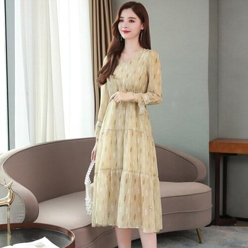 Womens 2020 Autumn Dresses Slim Temperament V-neck Trumpet Sleeve Floral Long Dress Women Chiffon Print Stitching Vestidos Z988