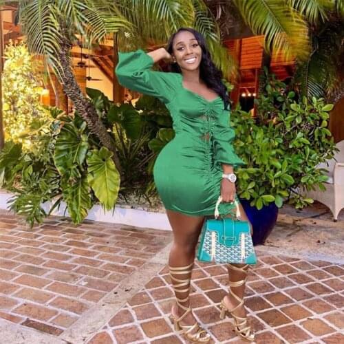Women Solid Ruched Drawstring Bandage Bodycon Dress Autumn Square Collar Lantern Sleeve Pencil Dress Sexy Cut Out Party Vestido