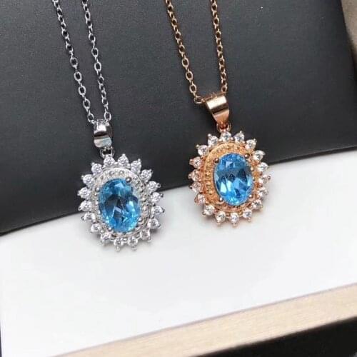 High Quality 925 Sterling Silver Vintage 6x8mm Natural Blue Topaz Brilliant Pendants Necklace For Women Gift
