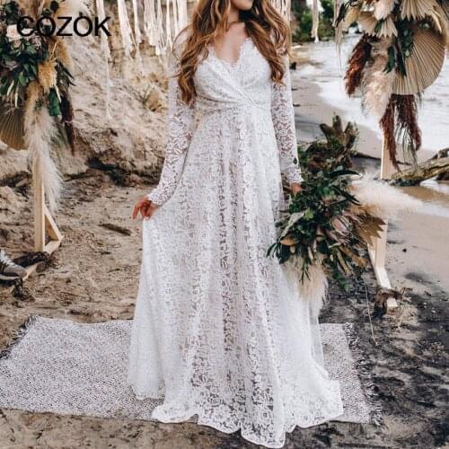 Eightale Bohemian Wedding Dress V-Neck Lace Wedding Gown Long Sleeves Beach Plus Size Bridal Dress robes de mariée sirène