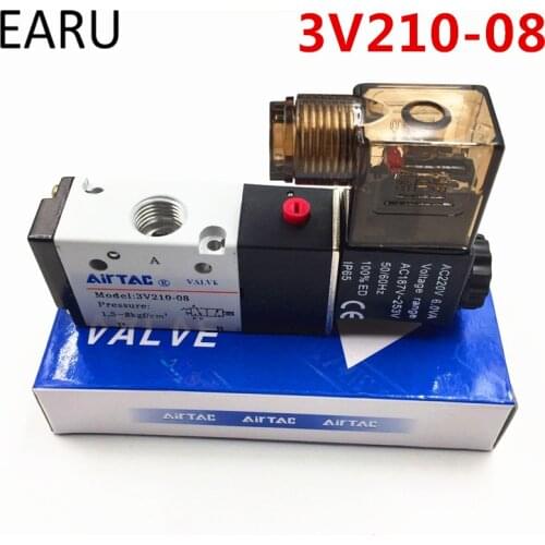 3 Way 2 Position 1/4" BSP Port Airtac Pneumatic Air Solenoid Valve 3V210-08 With LED Light Plug DC 12V 24V AC 110V 220V Optional