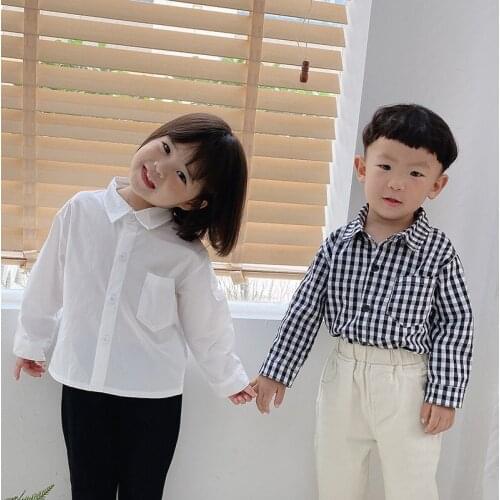Childrens Long Sleeve Shirts 2021 Spring Autumn Baby Girls Boys College Style Plaid Blouse Kids Casual Cotton Lapel Shirt 2-7 Y