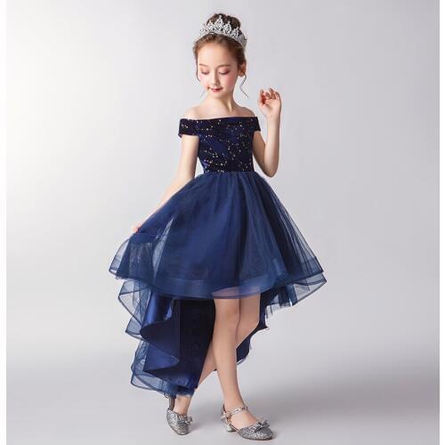 Elegant Dark Blue Lace Beads Girl Party Dress Off Shoulder First Communion Gown Girl Pageant Gown Flower Girl Dress for Weddings