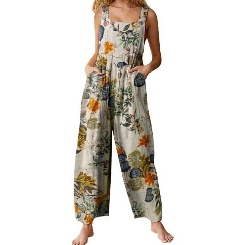 Women Summer Foral Jumpsuit Leaf Print Square Neck Sleeveless Rompers Boho Casual Overalls with Pockets Loose Pants Jumpsuits