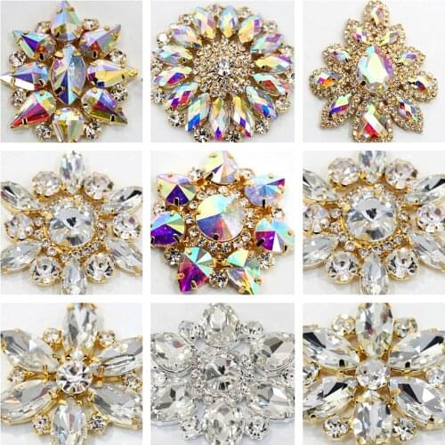 Round Flower стразы Glass Sew On Rhinestone Appliques With Gold Bottom Flatback Glitter Sew On Rhinetones Wedding Dress B3426