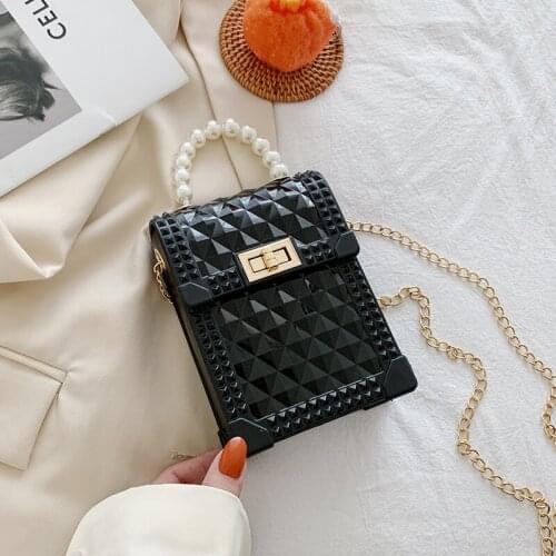 Women Mini Handbag New Elegant Shoulder Messenger Portable Chain Bag Girl PVC Jelly Bag Pearl Crossbody Rhombus Small Square Bag