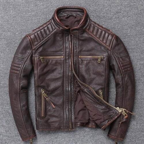 2020 Vintage Brown Men Slim Fit Motorcycle Leather Jacket Stand Collar Plus Size XXXXXL Genuine Cowhide Biker Coat FREE SHIPPING