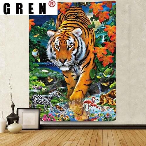 GREN King of The Forest Tiger Tapestry Forest Wild Animal Art Wall Hanging Tapestries for Living Room Home Blanket Dorm Decor