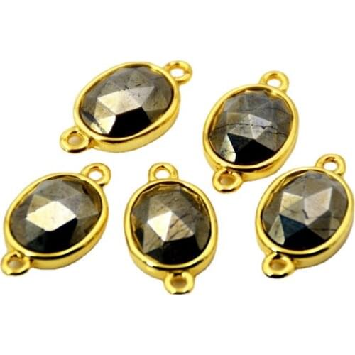 Natural pyrite stone connector oval Faceted Gem stone charms copper beads jewelry gold bezel findings double bail pendant