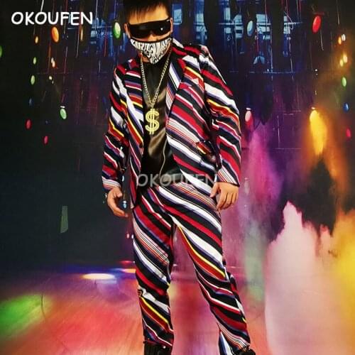 2018 New Mens oblique color striped slim suit Nightclub singer bar DJ DS costume