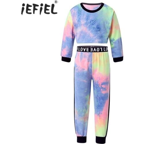 1-6Y Girls Clothes Sets Tie Dye Print Crop Tops T-Shirts+Letter Pants Children Clothing Spring Autumn Kid Teen Clothes Sport Set