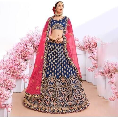 Luxurious Indian Dress Lehenga Choli India for Women Wedding Silk Floss Embroidery Pakistani Clothing Vestido Indiano Royal Blue