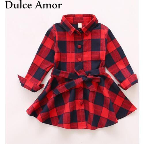 Girls Dresses Baby Girl Clothes Fashion Autumn Long Sleeve Red Black Plaid Casual Dress Kids Clothes For Girls Drop Shipping