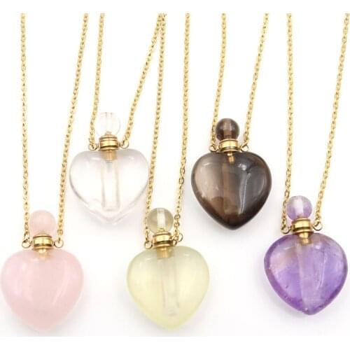 XSM Heart Shape Scent-bottle Pendant Necklaces Natural Stone Amethysts Quartzs Essential Oil Perfume Bottle Diffuser Jewelry