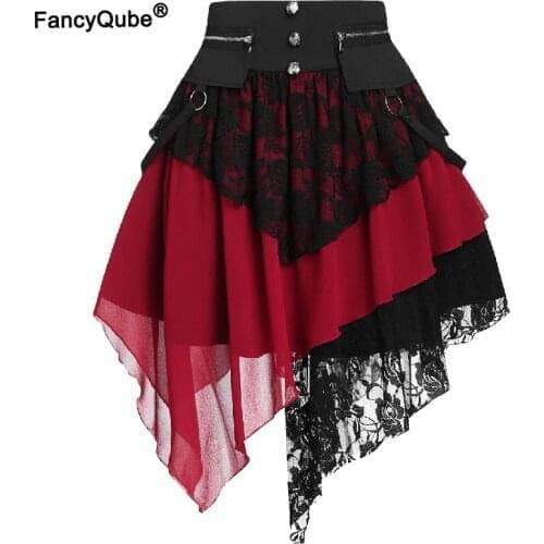Curved Hem Lace Skirt Gothic Punk Zip Pocket Women High Waist Criss Patchwork Rock Belt Short Retro Skirt For Girls Plus Size