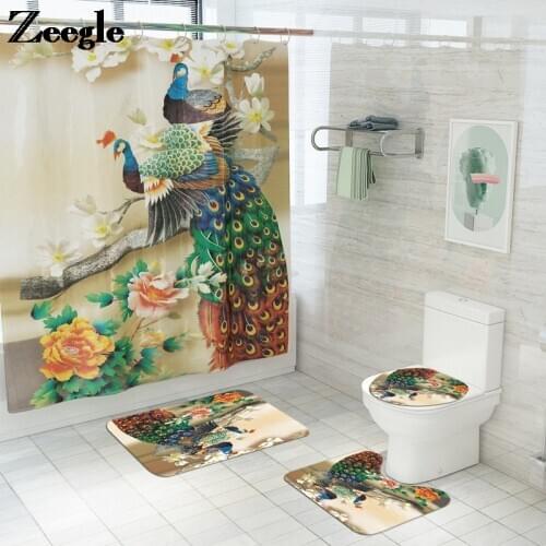 Printed Animal Shower Curtain with Bath Mat Non Slip Toilet Seat Cover Mat Waterproof Bathroom Curtain Microfiber Bath Foot Mat