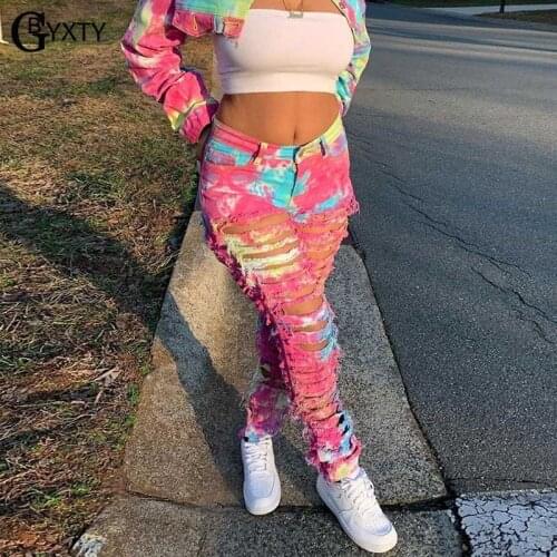 GBYXTY Fashion Tie Dye Jeans Streetwear Ripped Holes Straight Jeans Women Sexy Hollow Out Distressed Tassel Denim Pants ZL950