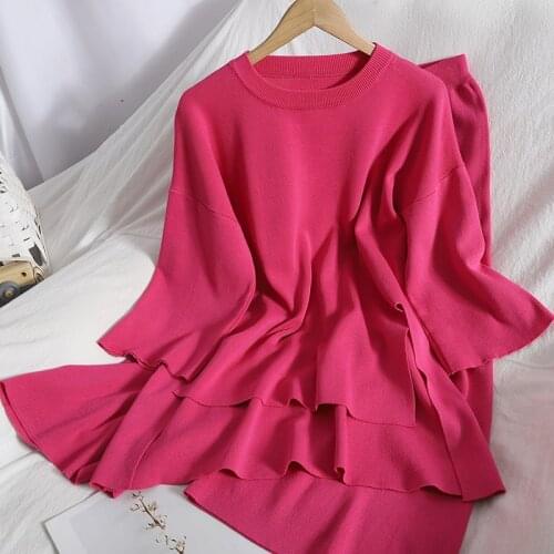 Women 2 piece set Short front and back long slit Korean top with thin loose wide-leg pants spring knitted two-piece female Half