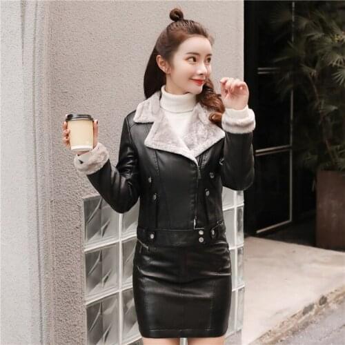 Women Faux Leather Pu Coats Leather Winter Warm Large Sizes Thick Outerwear Ladies Wool Fur Collar Basic Jackets