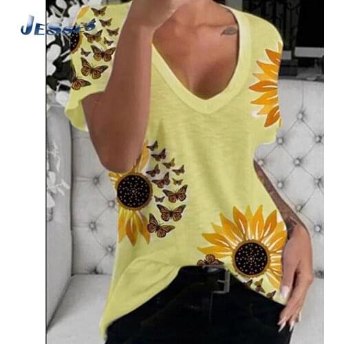 4XL Oversized Sunflower Plus Size T Shirt New Printed Ladies Fashion Pullover Streetwear Short Sleeve Harajuku Style V Neck Tee