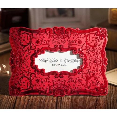 50Pcs Romantic Red Emboss Wedding Invitations Card with Envelopes, Customized Vintage Bridal Shower Birthday Invitation Card