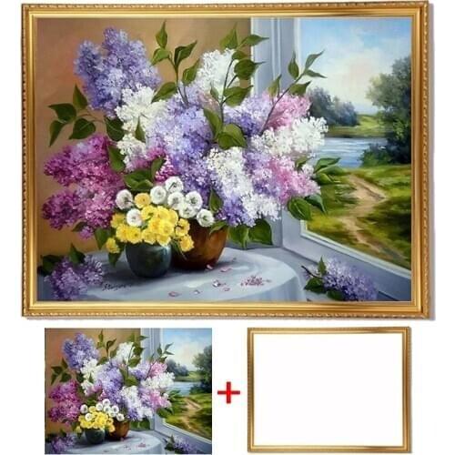 Framed 5D DIY Diamond Embroidery Lavender Cross Stitch Diamond Painting Flower Rhinestone Picture Wall Decoration