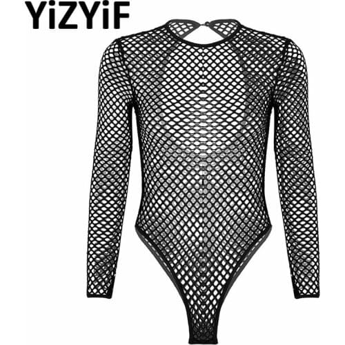 One Piece Bodysuit Women Sexy Leotard Thong See-through Sheer Fishnet Lingerie Long Sleeve High Cut Tank Jumpsuit Sexy Clubwear