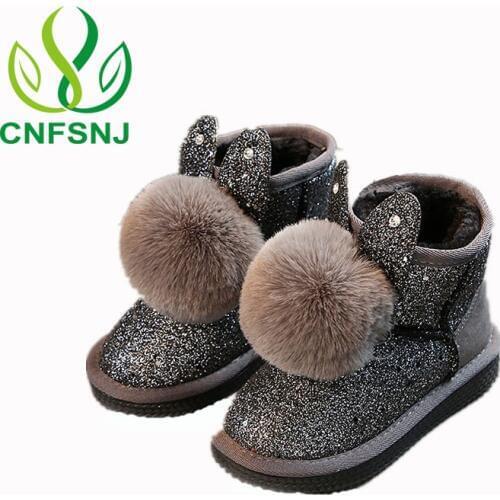 CNFSNJ 2020 New Winter Children Sequined Girls Plush Snow Boots Boys Casual Cotton Padded Shoes Warm Sneakers Rabbit Hair Ball