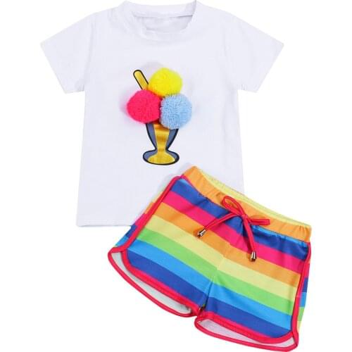 Kids Set Summer O-Neck Short Sleeve Pullover Rainbow Striped Shorts for Girls