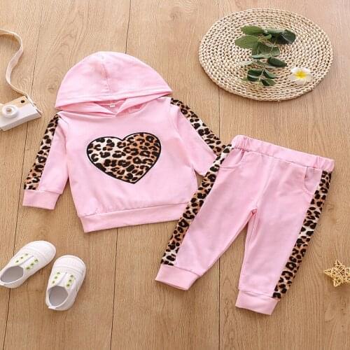 Spring Autumn Tracksuit Children Heart Pattern Leopard Hoodies + Long Pants Suit Baby Girl Boys Home Clothing 12M-5Y