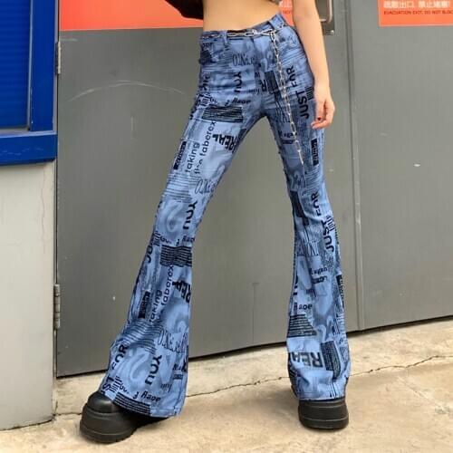 2020 Vintage Style Magazine Newspaper Print High Waist Slim Big Horn Trousers Blue Punk Cute Hot Girls Long Flare mopping Pant
