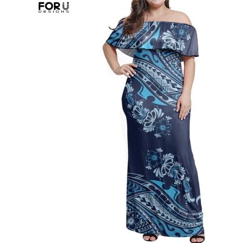 FORUDESIGNS Womens Ruffle Off Shoulder Dress Polynesian Tattoo Plumeria Samoa Printing Elegant Breathable Length Evening Dresse