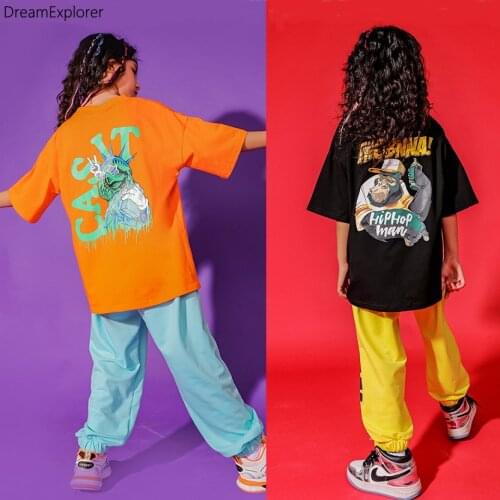 Boys Hip Hop T-shirt Girls Print Jogger Pants Kids Colorful Sweatshirt Child Loose Clothes Sets Jazz Tee Street Dance Costumes