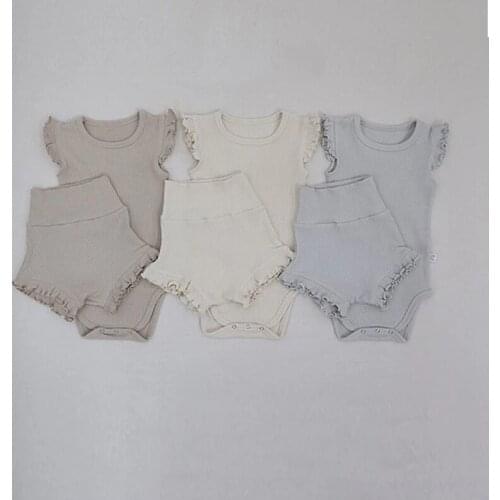 Spring Summer Baby Girls Outfits Short Sleeve Ruffles Romper +high Waist Shorts Newborn Fashion Ribbed Cotton Clothing Sets