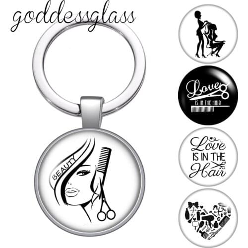 Love is in the hair Hair stylist Photo Round glass cabochon keychain Bag Car key chain Ring Holder Charms keychains for gift