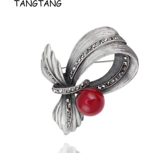 New Black Personality Charming Tin Alloy Brooch With Red Natual Stone / Gray Simulated Pearl Rhinestone Pin, Item NO.: BH7927