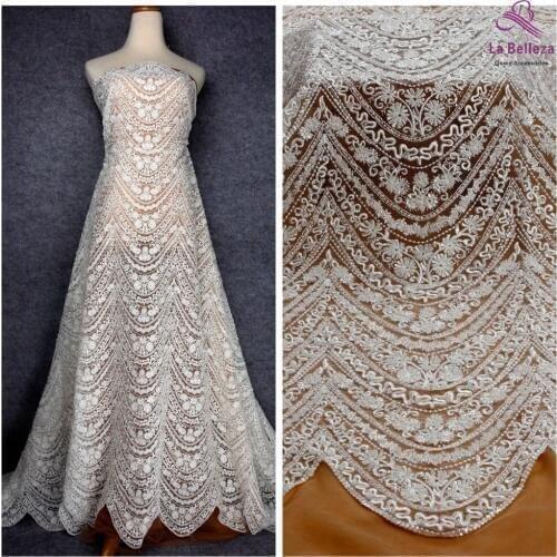 La Belleza 2019 new beautiful beaded lace fabric ivory beaded lace fabric 1 yard